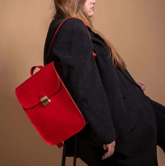 Natural Leather Saddle Backpack - Red