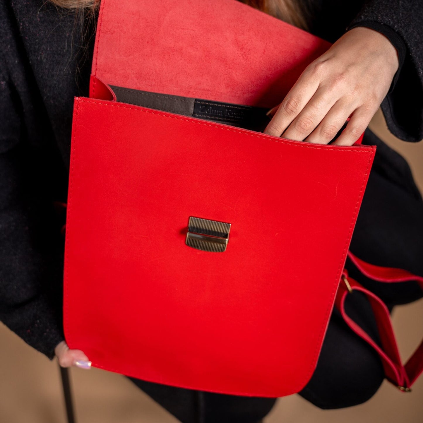 Natural Leather Saddle Backpack - Red