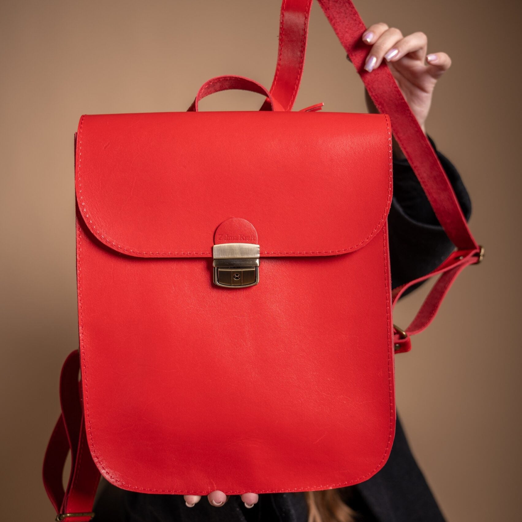 Natural Leather Saddle Backpack - Red