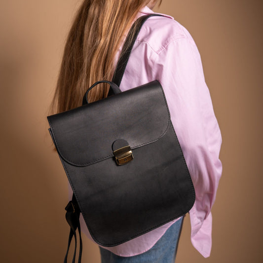 Natural Leather Saddle Backpack - Black