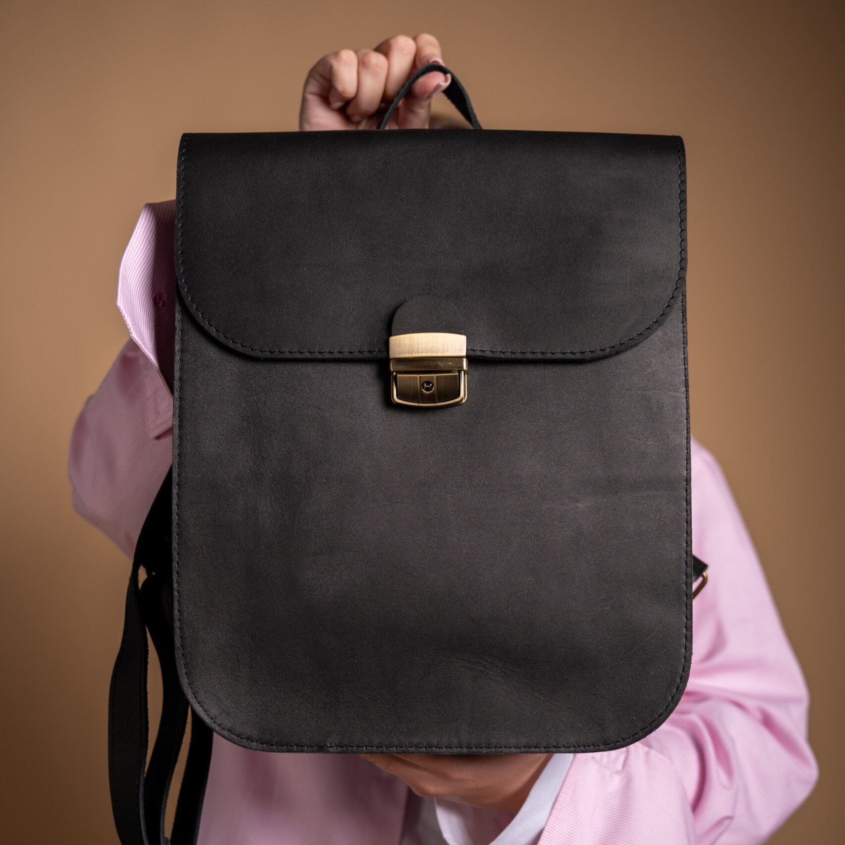 Natural Leather Saddle Backpack - Black