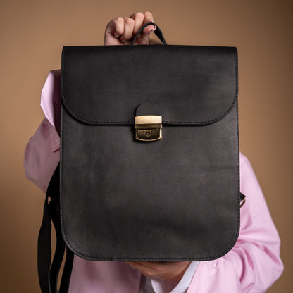 Natural Leather Saddle Backpack - Black