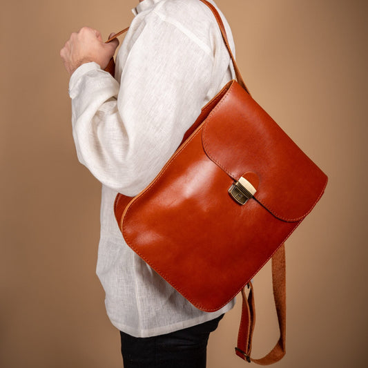 Natural Leather Saddle Backpack - Light Brown
