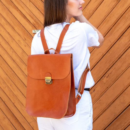 Natural Leather Saddle Backpack - Light Brown