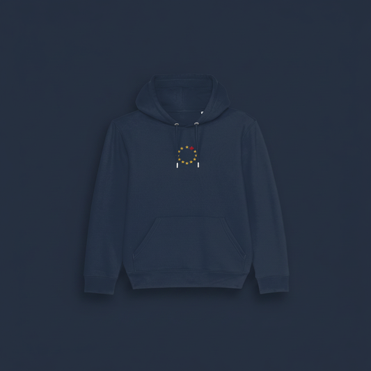 A navy blue pullover hoodie with a small colorful circular graphic on the center chest, displayed against a solid dark navy background.