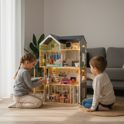 Puppenhaus aus Holz mit Kristall- und LED-Beleuchtung